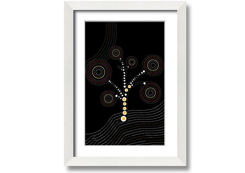 Framed Aboriginal Tree 2 print showcasing vibrant colors and intricate patterns, ready to hang.